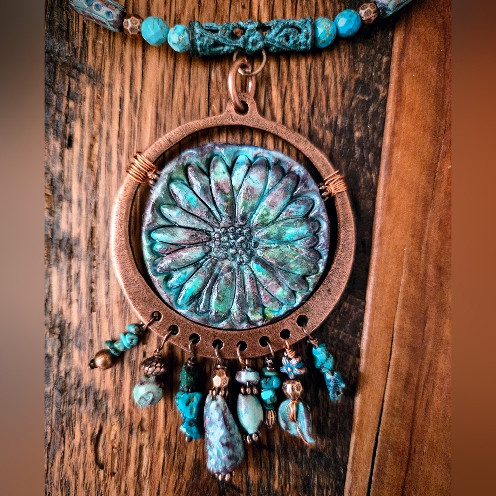 Rugged & Weathered Roman Inspired Empress Verdigris Clay & Turquoise Necklace - Picture 7 of 11